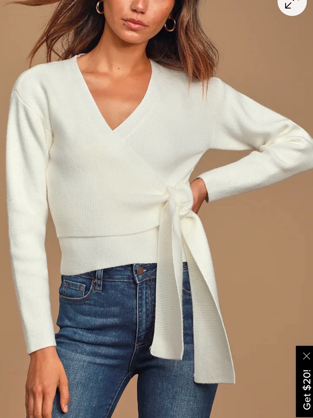 MINKPINK Cream Wrap V-Neck Tie Sweater